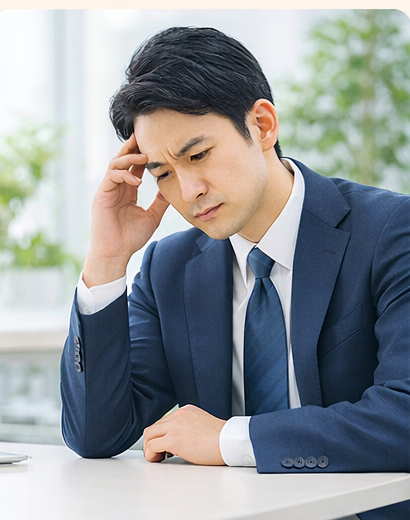 悩んでいるスーツ姿の男性のイメージ写真